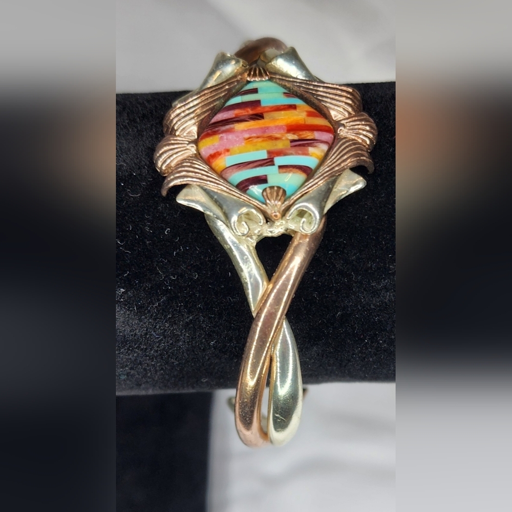 STERLING SILVER COPPER INLAID TURQUOISE CORAL  CUFF BRACELET SIGNED